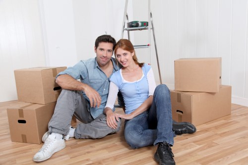 Secure storage space with stacked boxes and furniture